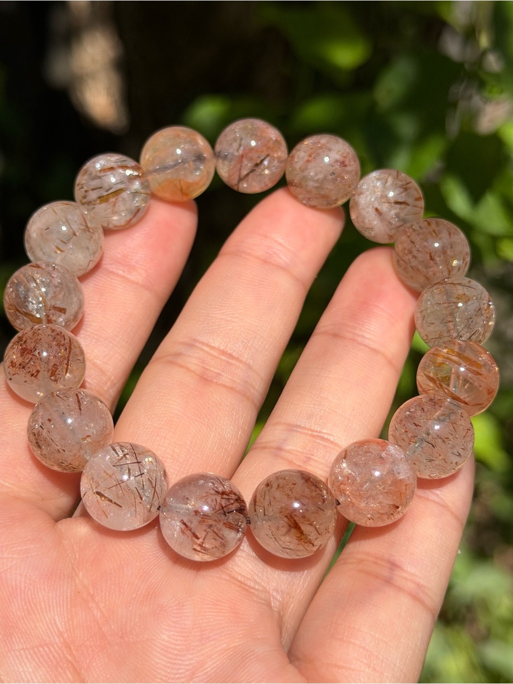 12mm Natural‎ Red and Gold Rutilated Quartz Stretch Bracelet with Rainbow 1945